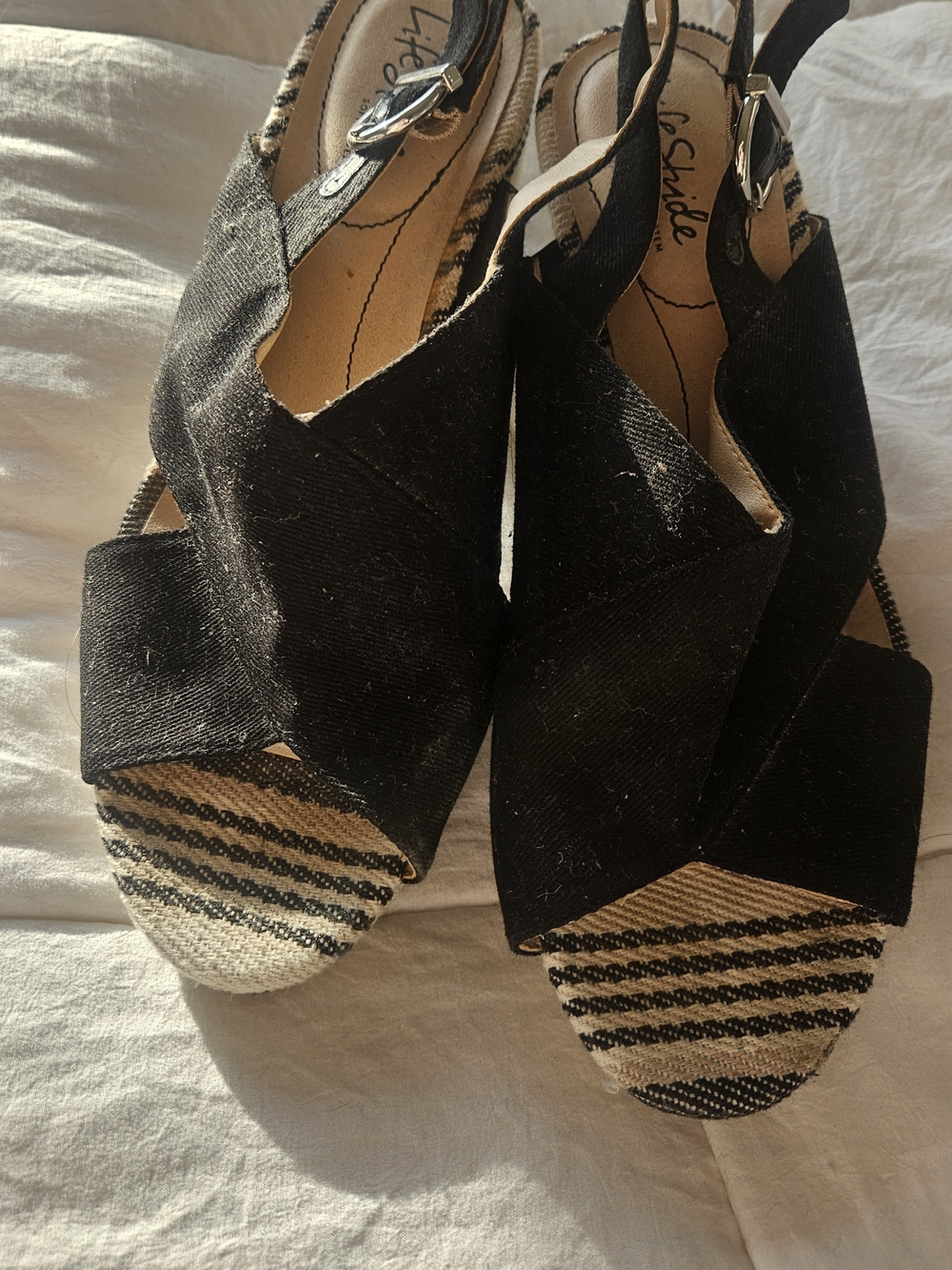 Life Stride Black Crisscross Slingback Espadrille Wedges with Striped Toe